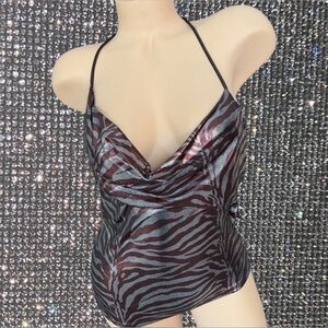 Bebe mini dress zebra print metallic brown silver o rings stunning club wear y2k